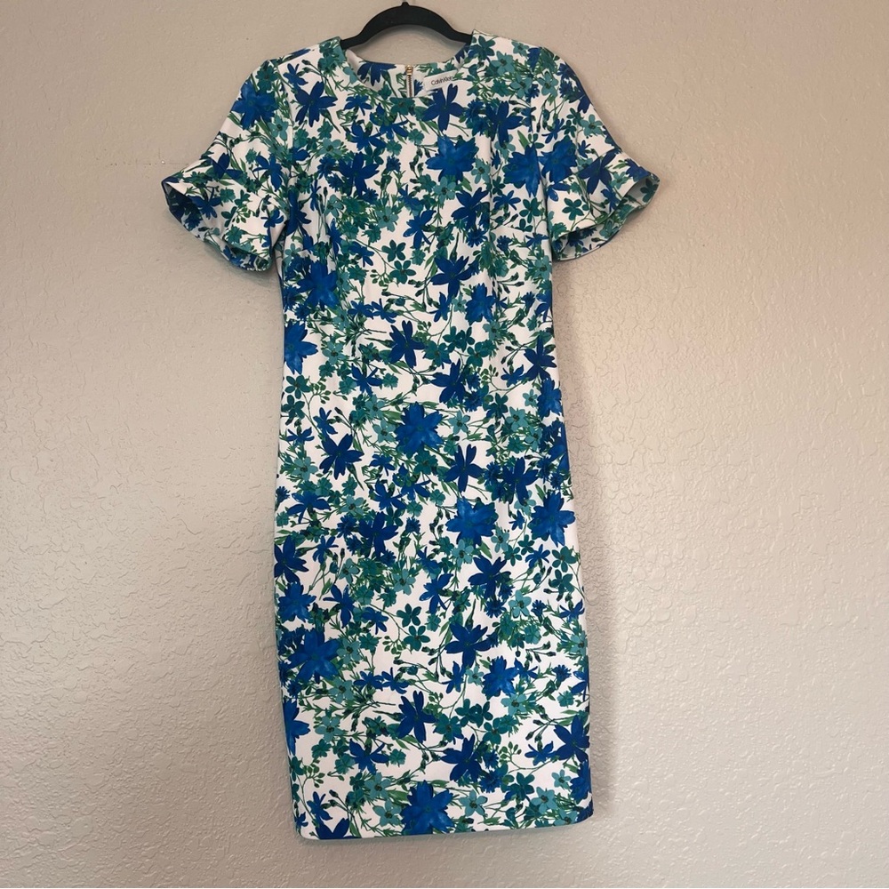 Calvin Klein Women’s Size 6 Blue Floral Print Scuba Sheath Dress Career #117